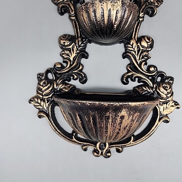 Vintage Cast Iron Plant Holder  Bird Feeder Wall Or Fence Mount  2 Tier 13” Gold - Picture 3 of 5
